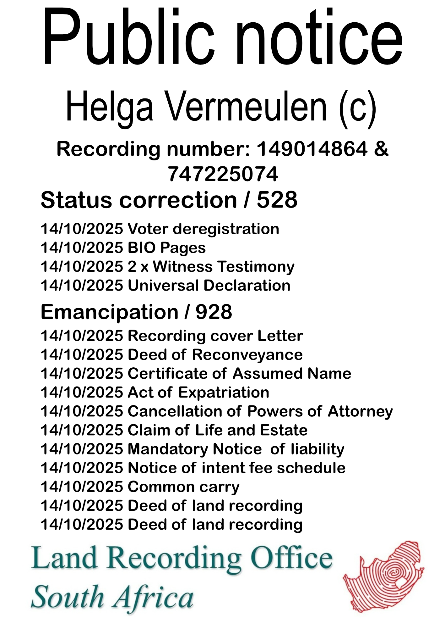 Public notice Helga Vermeulen Recording number 149014864 & 747225074